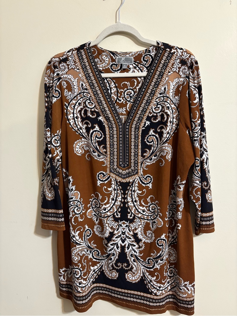 JM Collection shirt women’s 1X Paisley V-Neck Tunic Top‎ brown black 3/4 sleeve